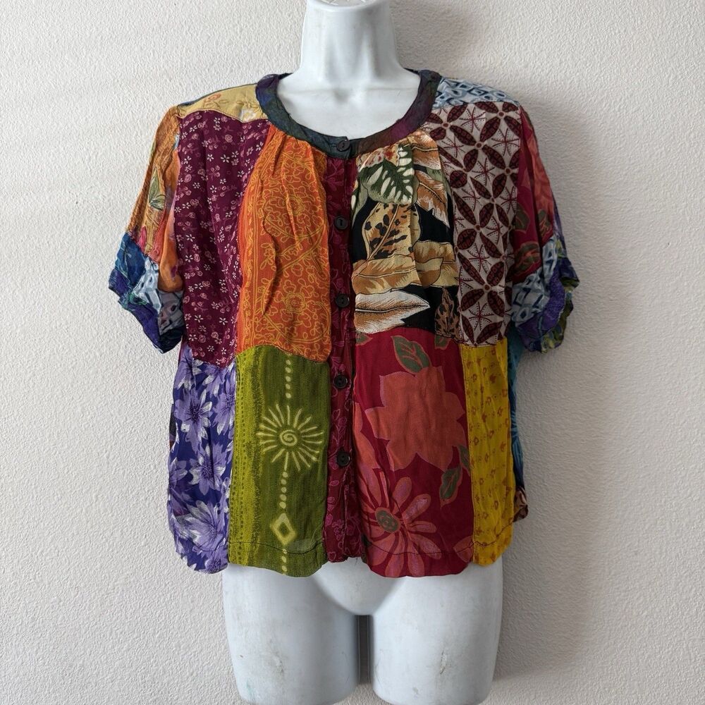 Sacred Threads Patchwork Boho Blouse Shirt Top Lagenlook Art To Wear Womens Sz L